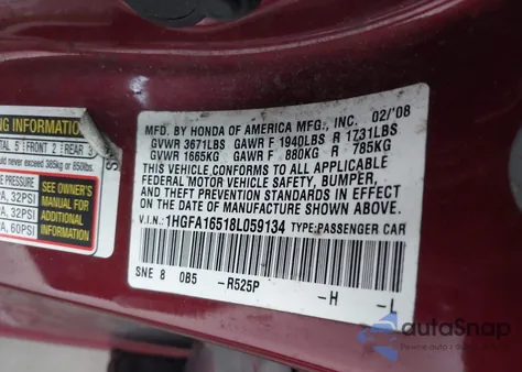 2008 Honda Civic из США, поврежденный, VIN IHGFA16518L059134